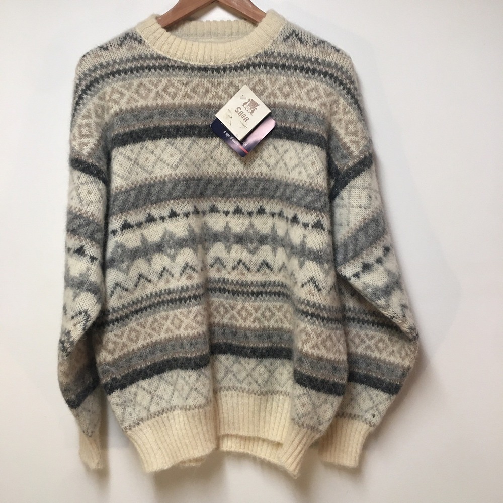 NEW Saga Icelandic Wool Sweater Mens Large Cream Gray Fair Isle Nordic Knit